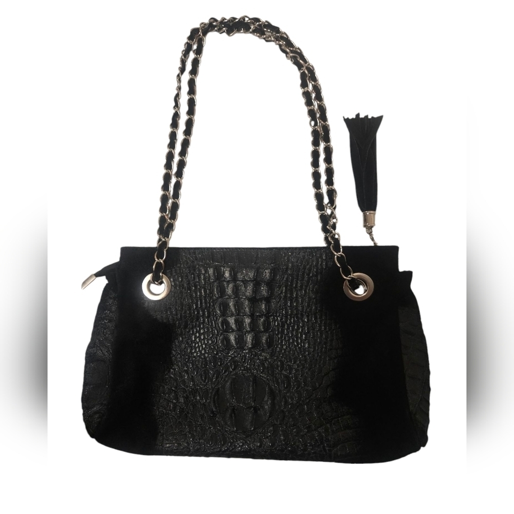 Black Croc-Effect Chain Strap Shoulder Bag